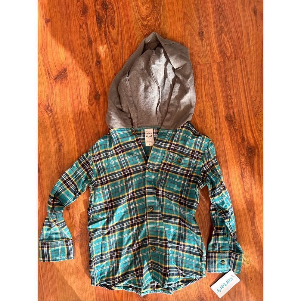 NWT Carters green and gray flannel long sleeve hoodie button-down shirt size 4T